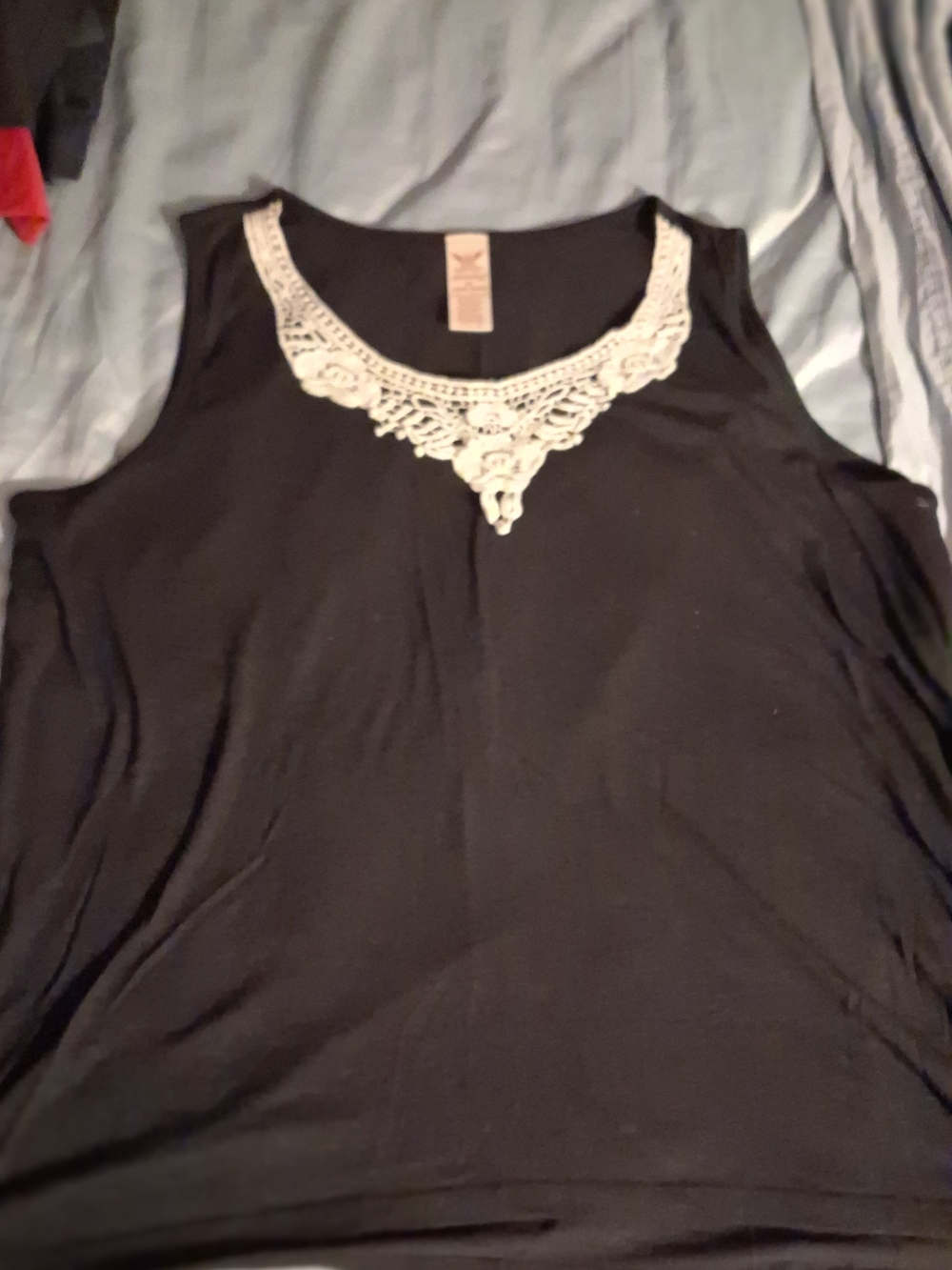 Faded Glory Black Tank Top with Cream Lace Neckline